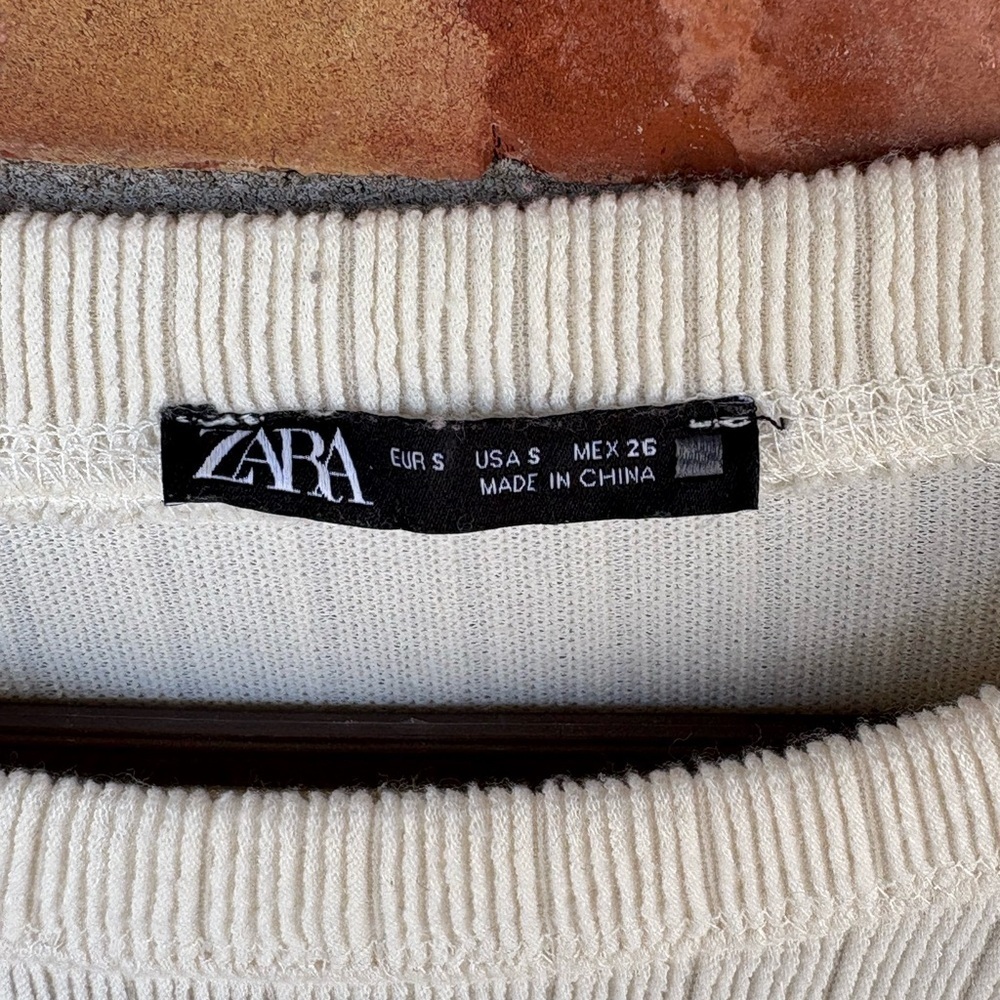 Zara Cream Ribbed Elastic Waist Sweater Top Sz Small Preowned - Picture 4 of 5